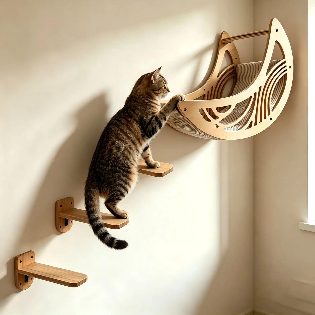 CWV Pine Wood Wall Mounted Cat Shelves With Moon Hammock
