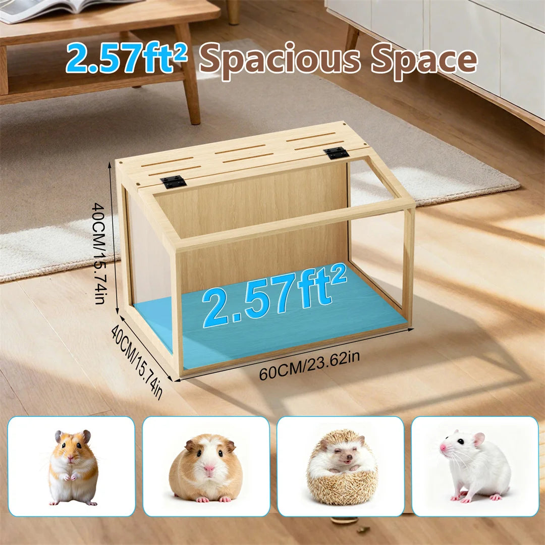 Sturdy Wooden Hamster Cage With Secure Glass Viewing Panels