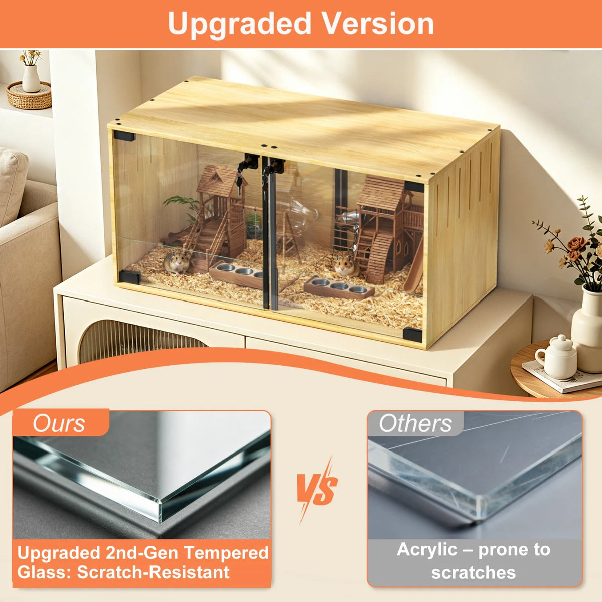 Wooden Pet Cage With Tempered Glass Panels And Divider
