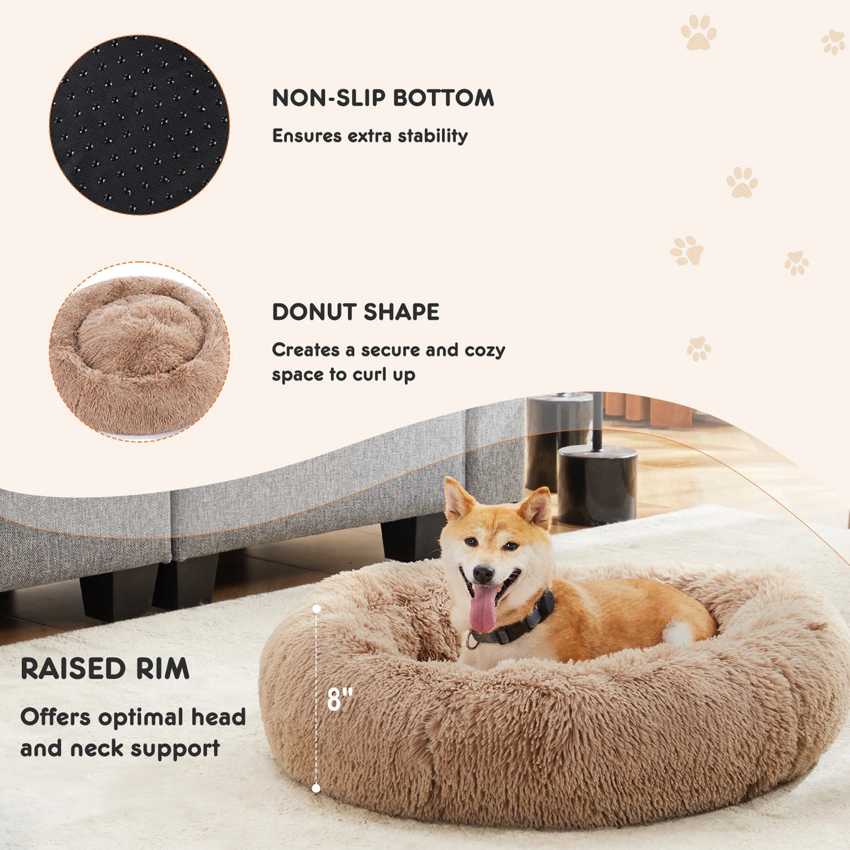 JHK Washable Round Dog Bed Featuring Soft Coral Fleece Surface
