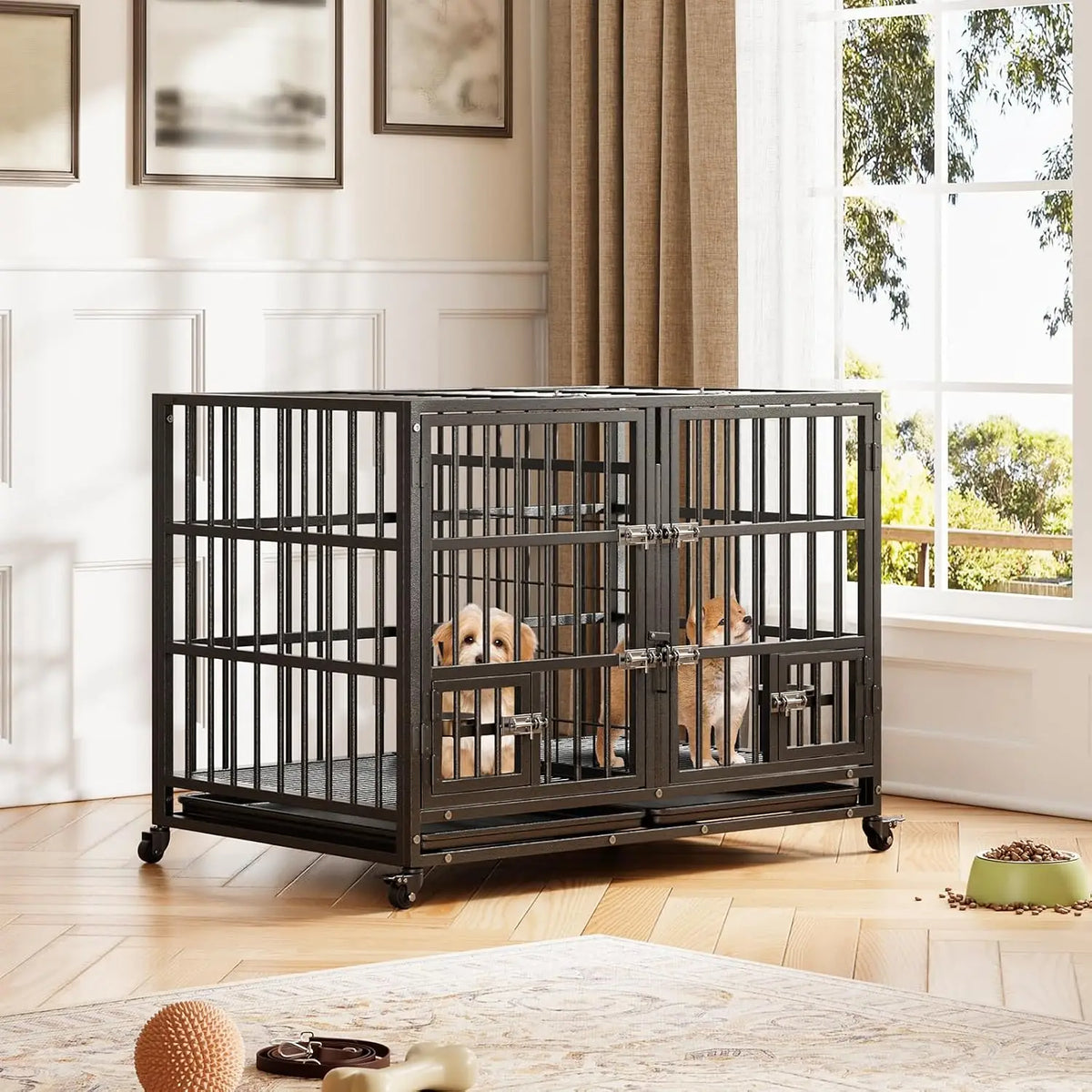 Garvee Heavy Duty Metal Dog Crate Featuring Double Doors And Wheels