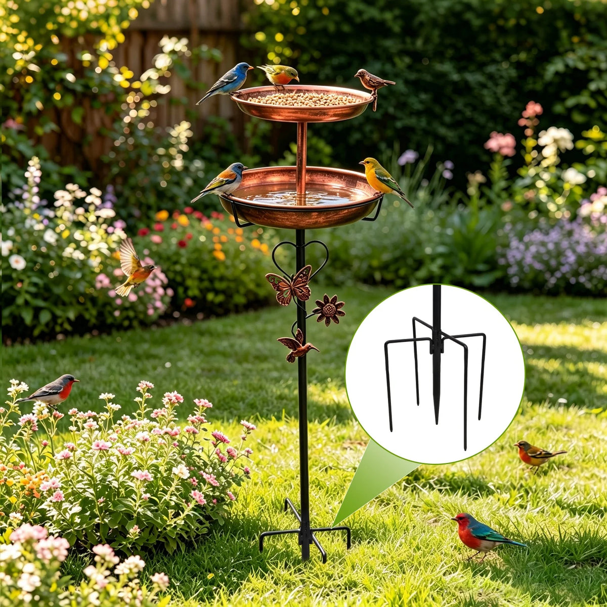 Two Tier Copper Metal Bird Bath For Garden Yard Decor