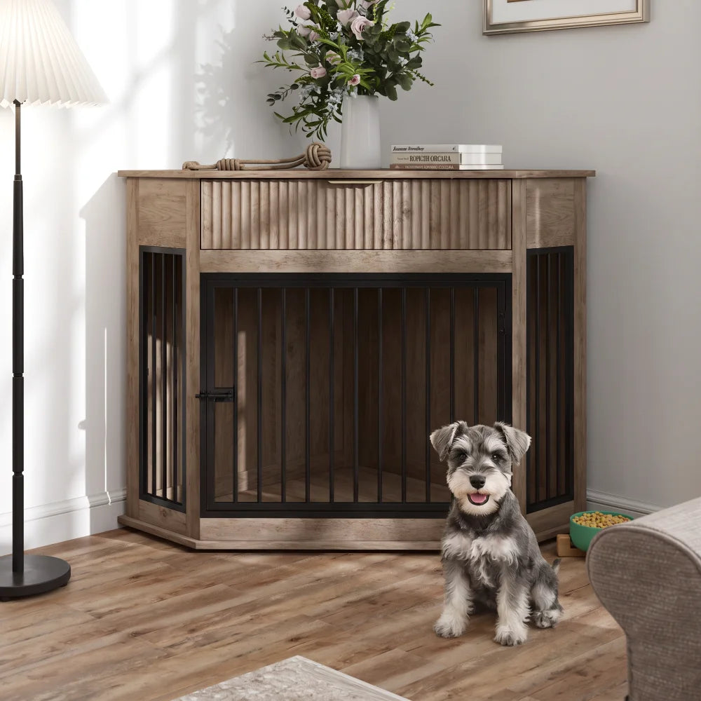 Decorative Dog Crate Furniture Cabinet With Fluted Drawer Storage