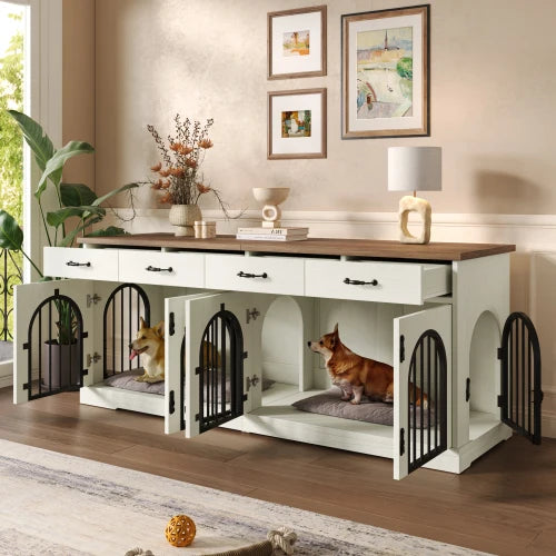 Indoor Dual Dog Crate Furniture With Drawers And End Table