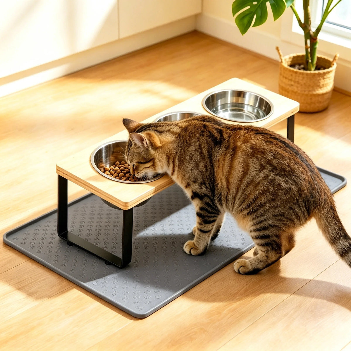 Elevated Cat Feeder With Stainless Steel Bowls And Bamboo Stand