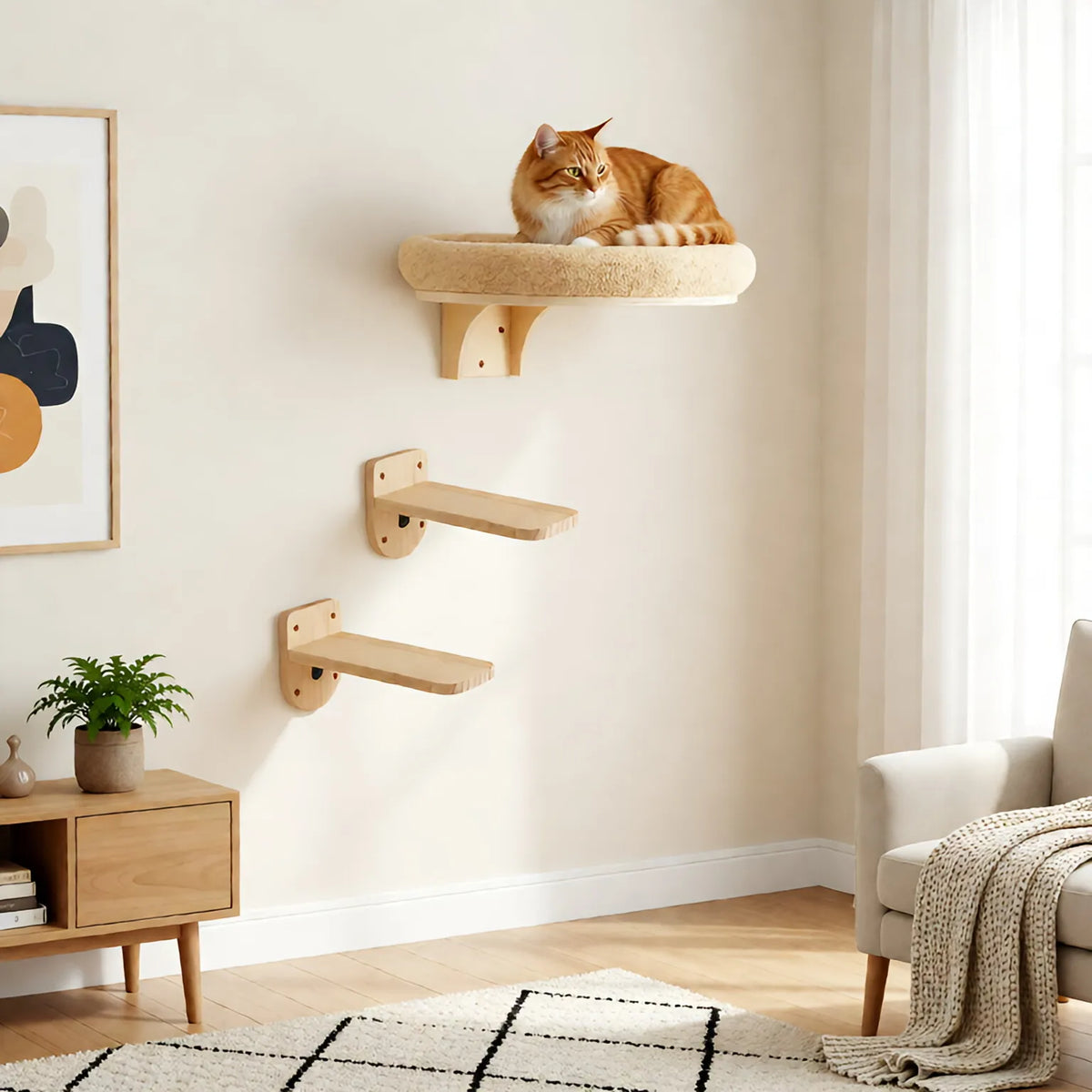 CWV Wall Mounted Solid Wooden Cat Hammock With Scratching Post