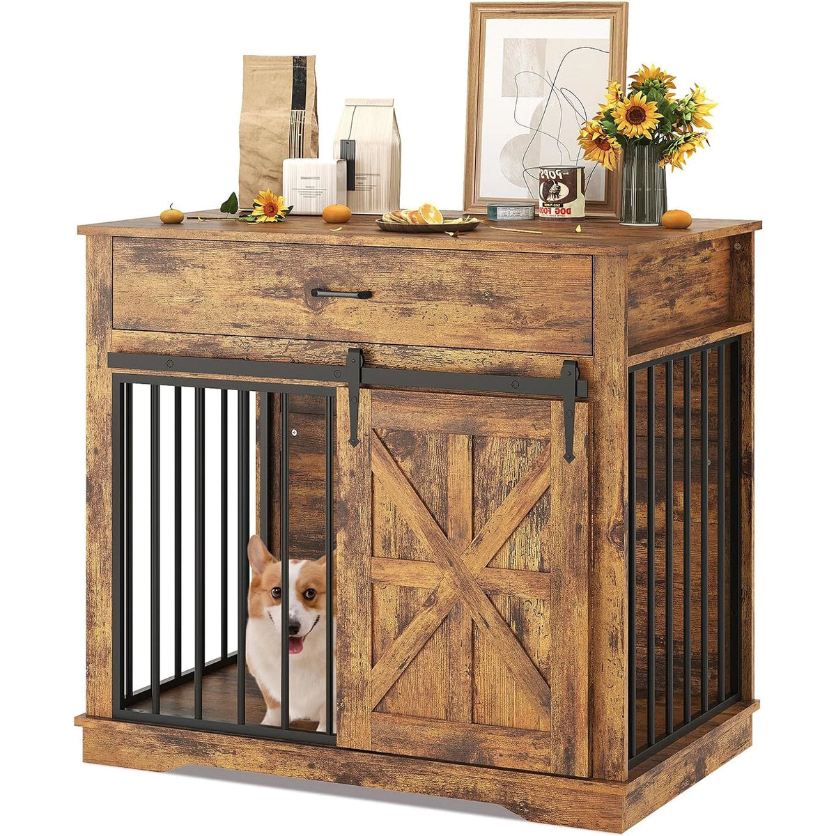 HiMiss Decorative Dog Crate End Table With Barn Door Furniture