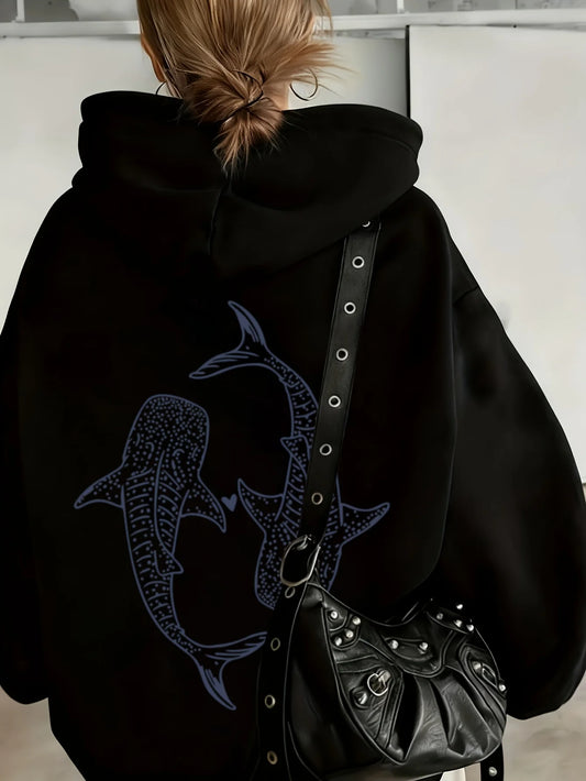 Whale Shark Print Hooded Sweatshirt Casual Vintage Pullover Top