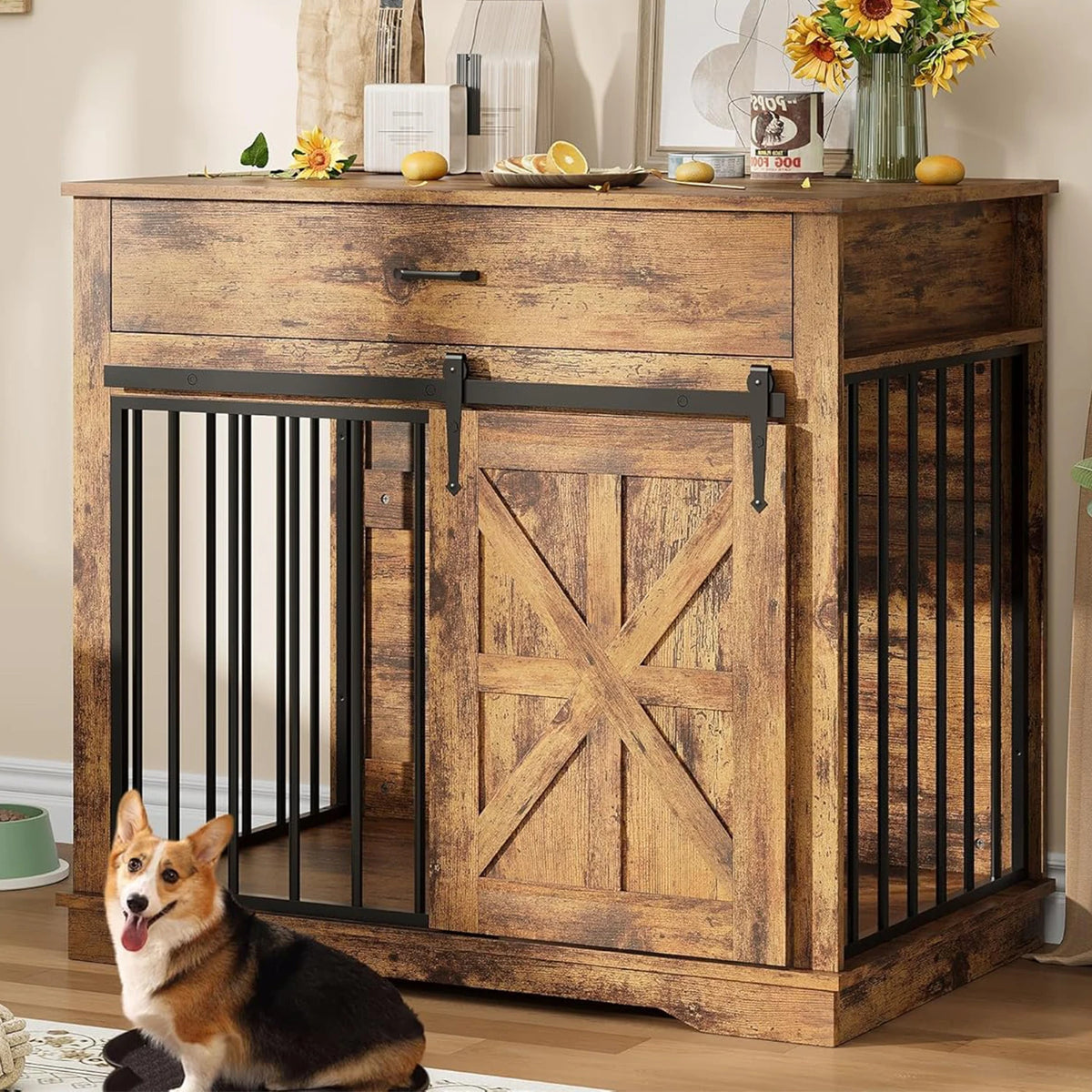 HiMiss Decorative Dog Crate End Table With Barn Door Furniture