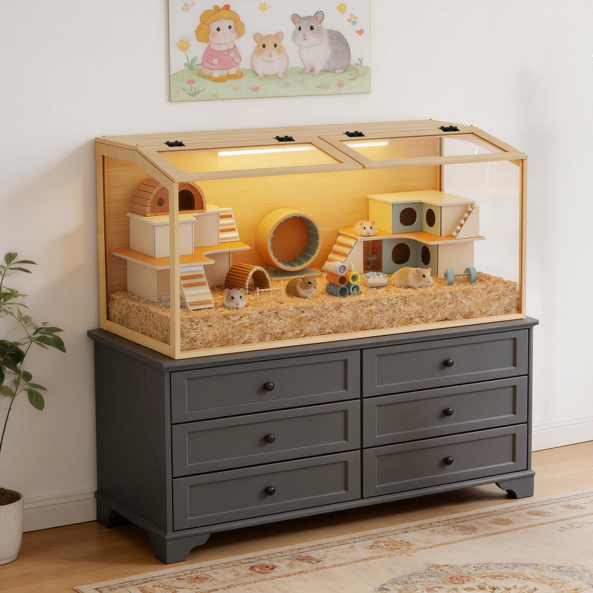 Sturdy Wooden Hamster Cage With Secure Glass Viewing Panels
