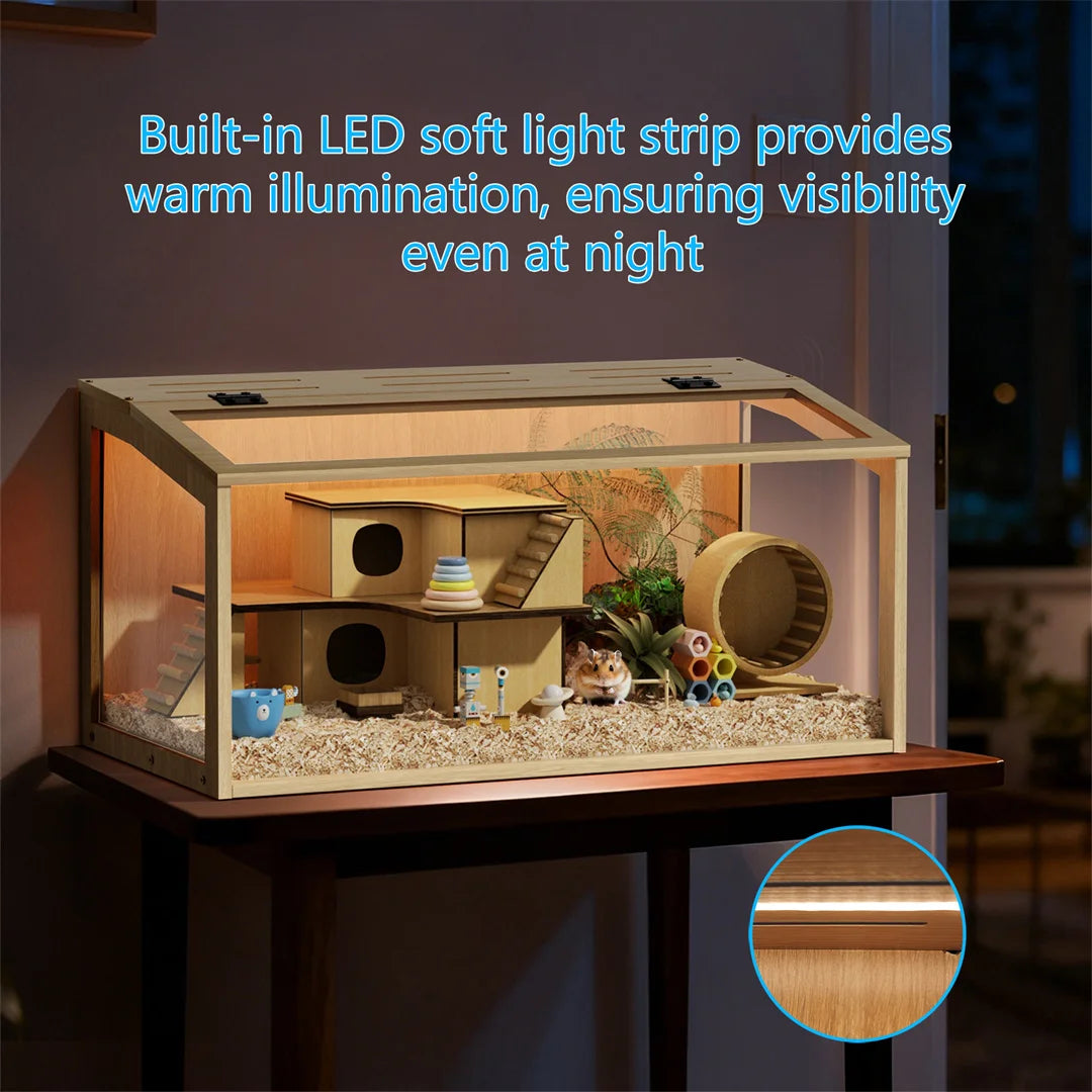 Sturdy Wooden Hamster Cage With Secure Glass Viewing Panels