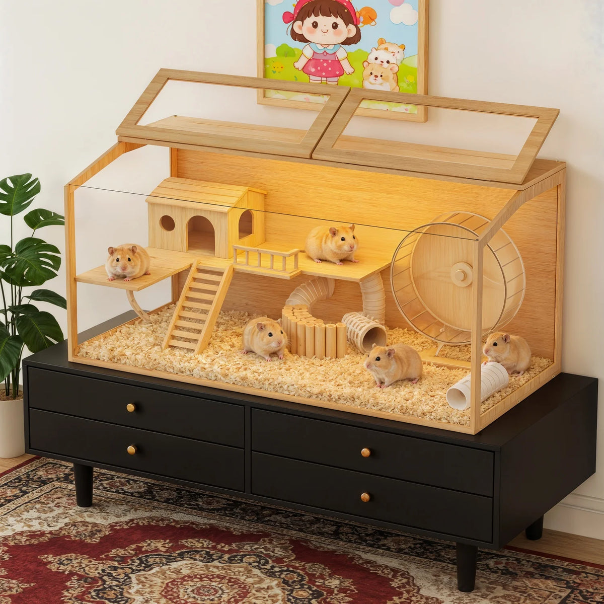 Natural Wooden Hamster Cage With Dual Door And LED Light