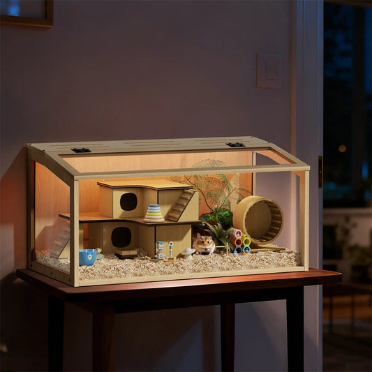 Sturdy Wooden Hamster Cage With Secure Glass Viewing Panels
