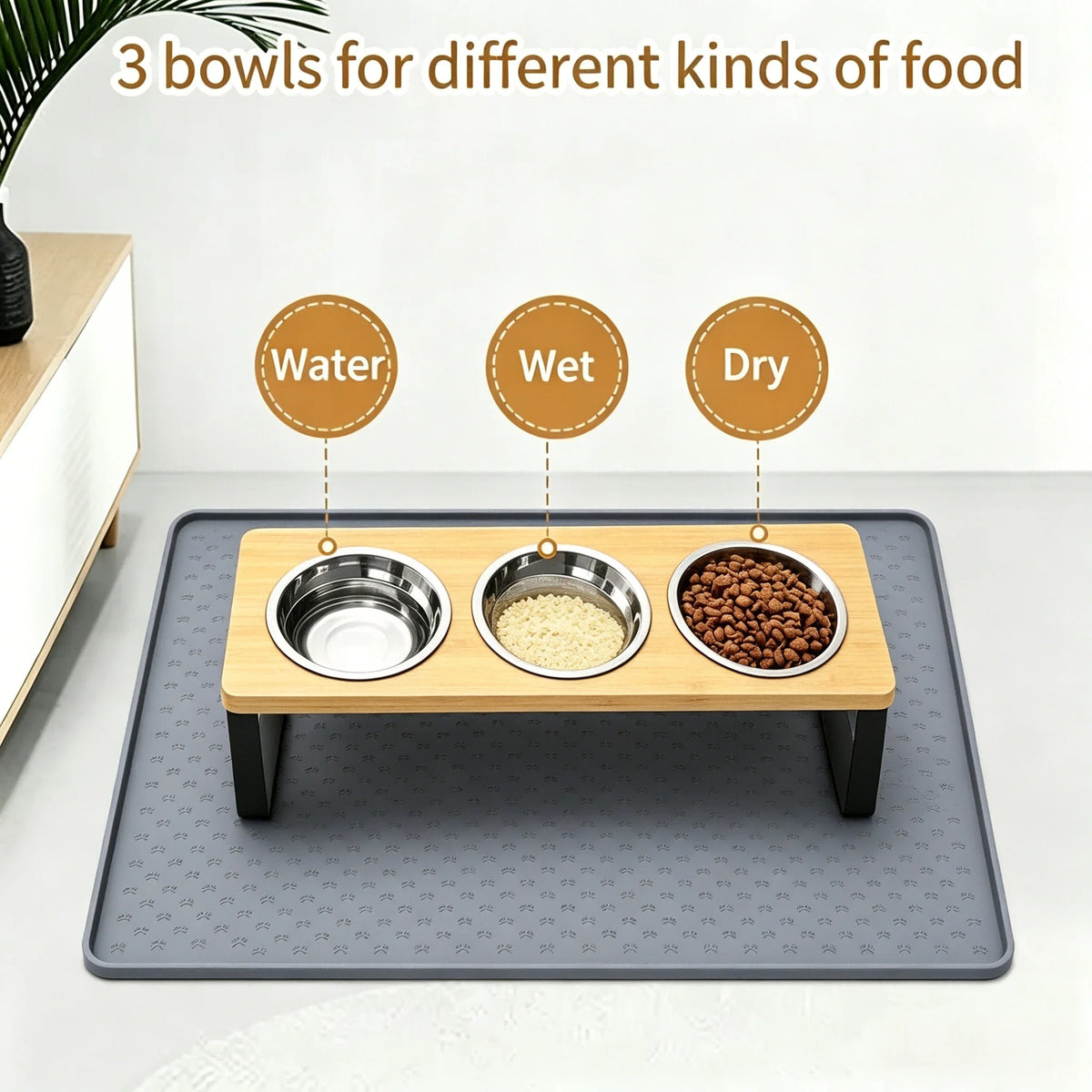 Elevated Cat Feeder With Stainless Steel Bowls And Bamboo Stand
