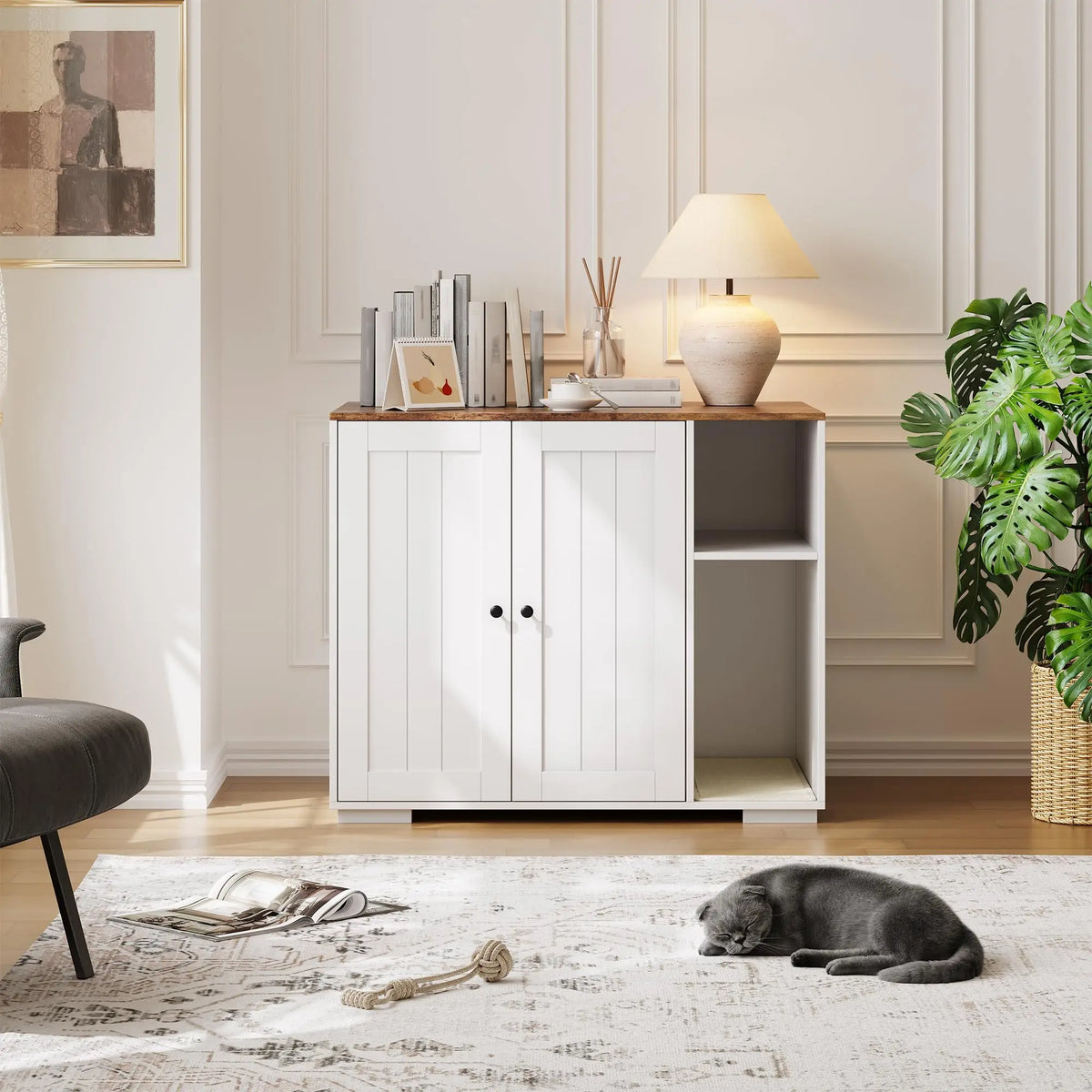 HiMISS Wooden Cat Litter Enclosure With Power Outlet And Collector