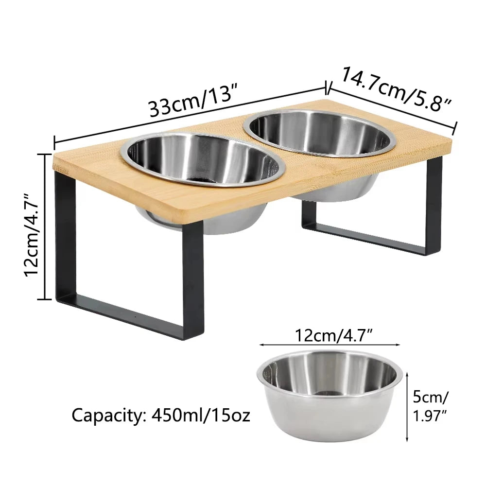 Elevated Cat Food Bowls With Wooden Stand And Steel Dishes