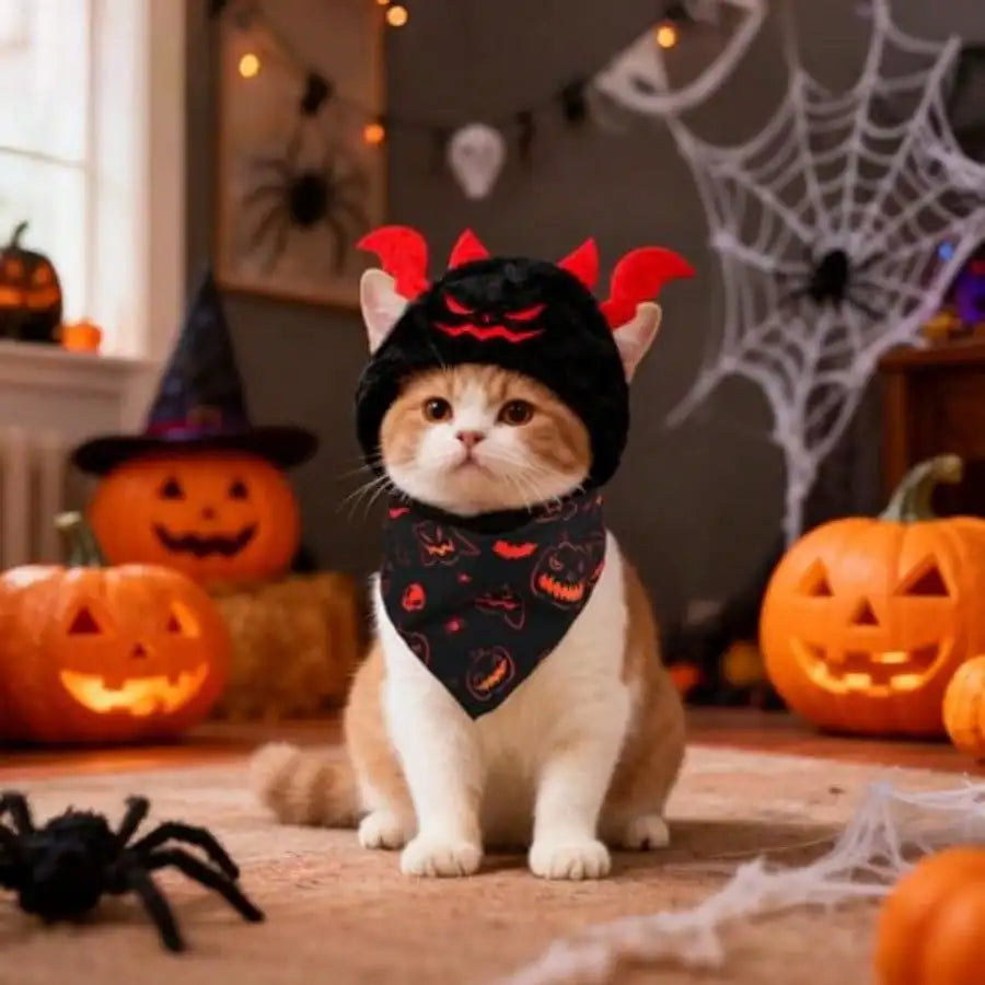 Four Piece Halloween Pet Costume With Pumpkin And Bat Designs