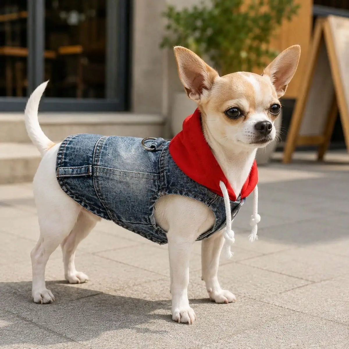 One Piece Denim Pet Hoodie With Drawstring For Pets