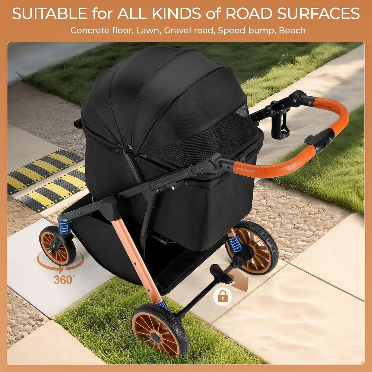 Foldable Pet Stroller With Adjustable Sun Shade And Shock Absorbers