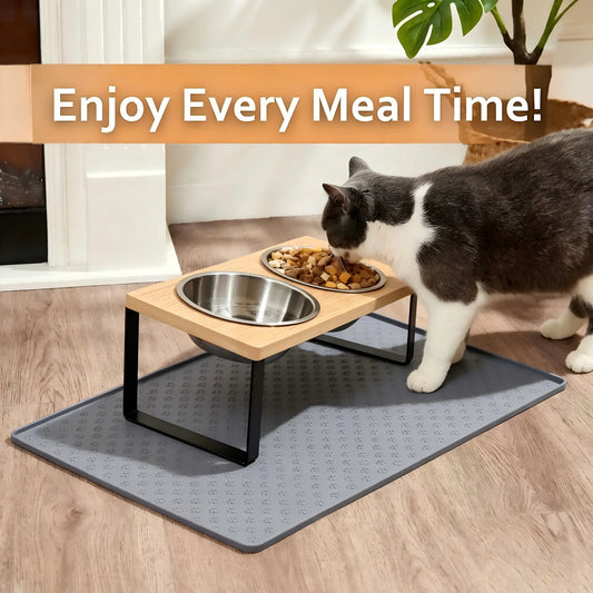 Elevated Cat Food Bowls With Wooden Stand And Steel Dishes