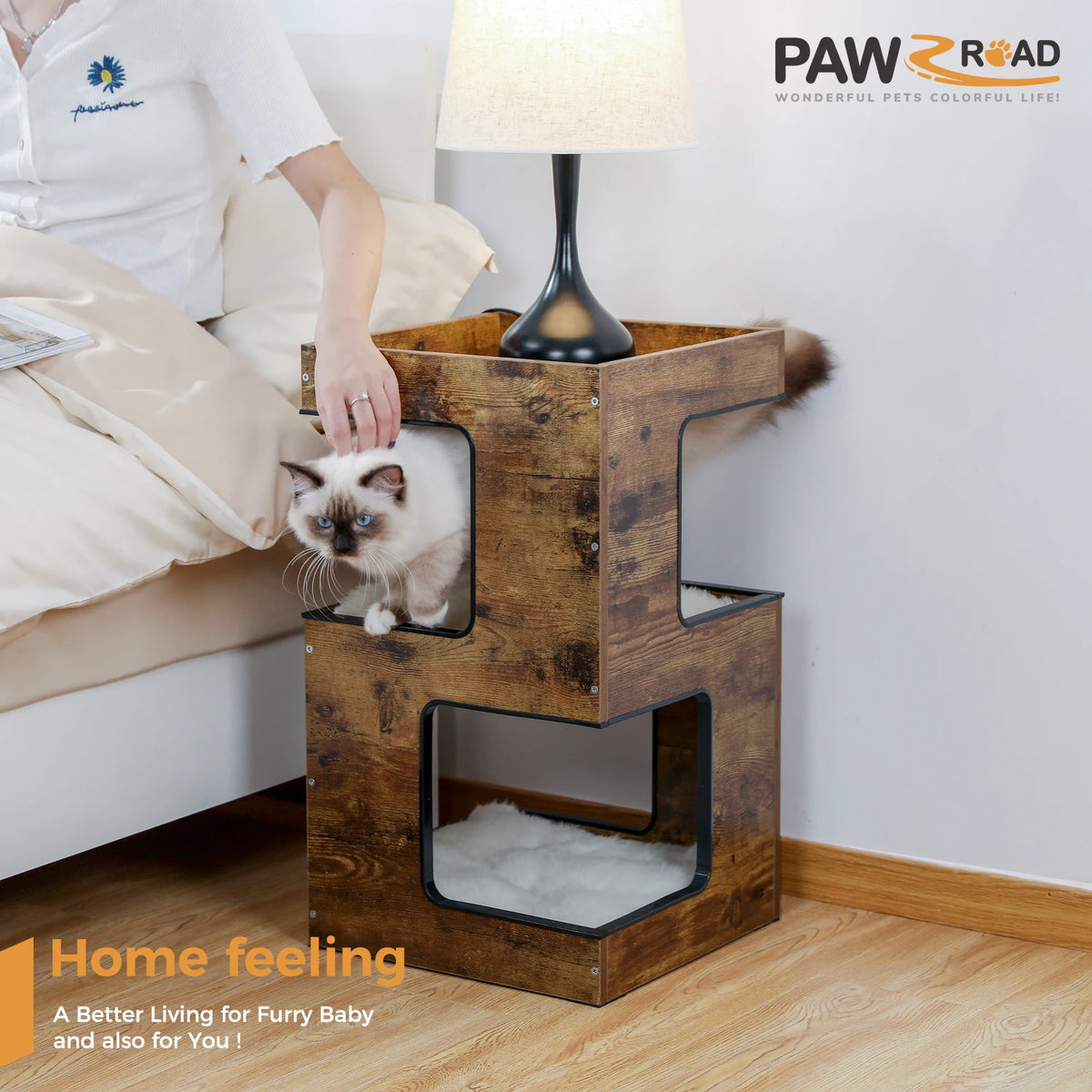 PAWZ Road Modern Wood Cat Condo House With Scratching Pad