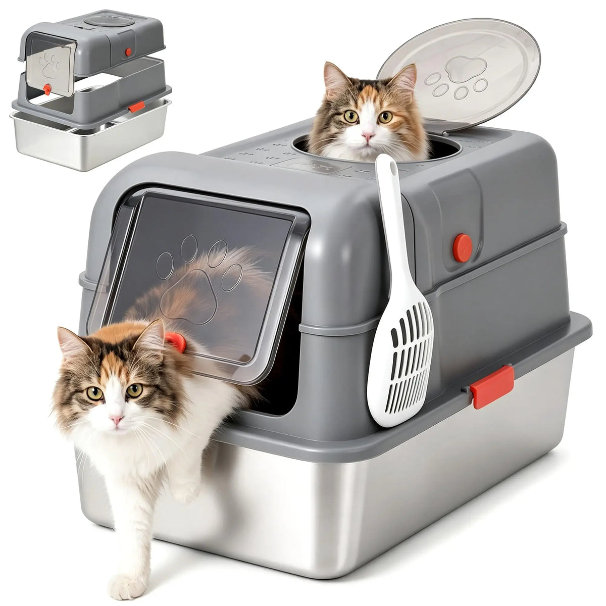 Studyset Stainless Steel Enclosed Cat Litter Box With Lid Scoop