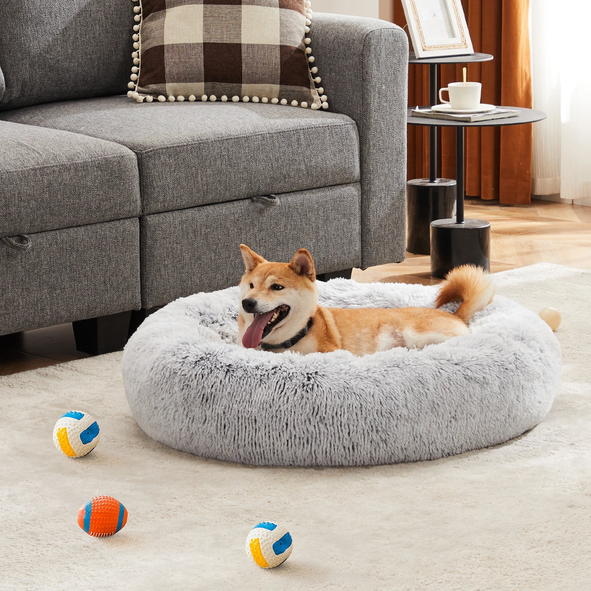 JHK Round Plush Faux Fur Calming Dog Bed Antiskid Bottom