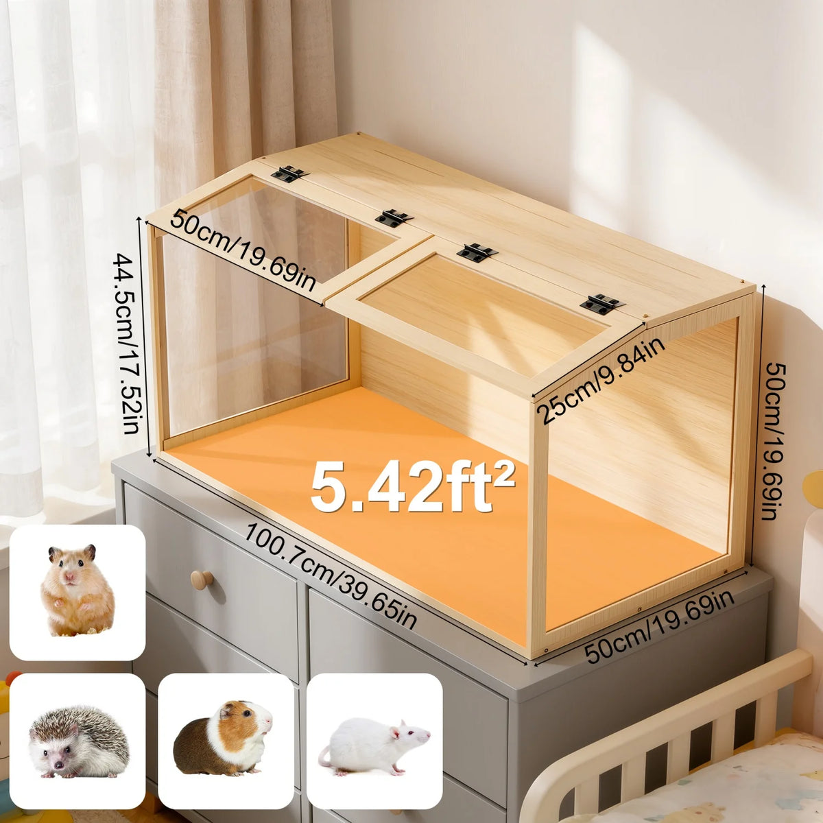 Natural Wooden Hamster Cage With Dual Door And LED Light