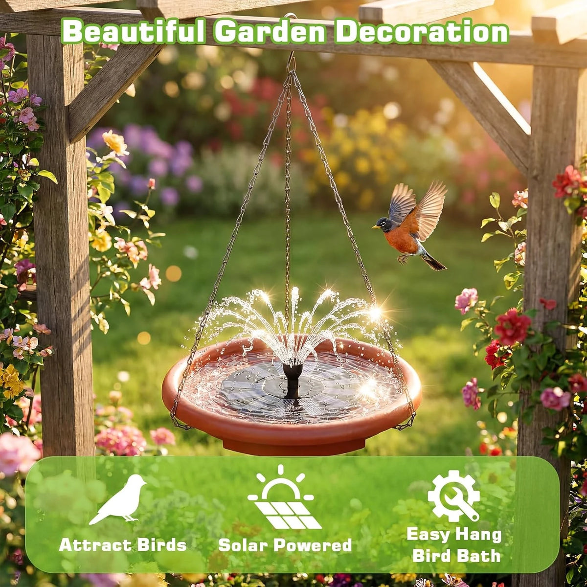 Hanging Solar Bird Bath With Integrated Fountain And Stepping Rungs