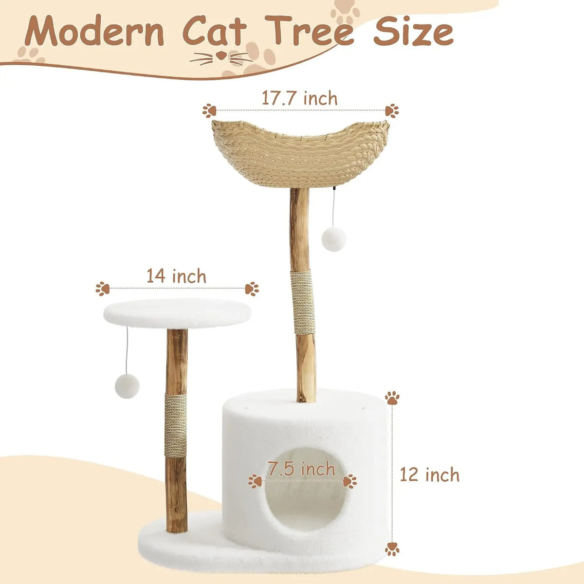 HiMISS Wooden Cat Tree With Woven Basket And Sisal Posts