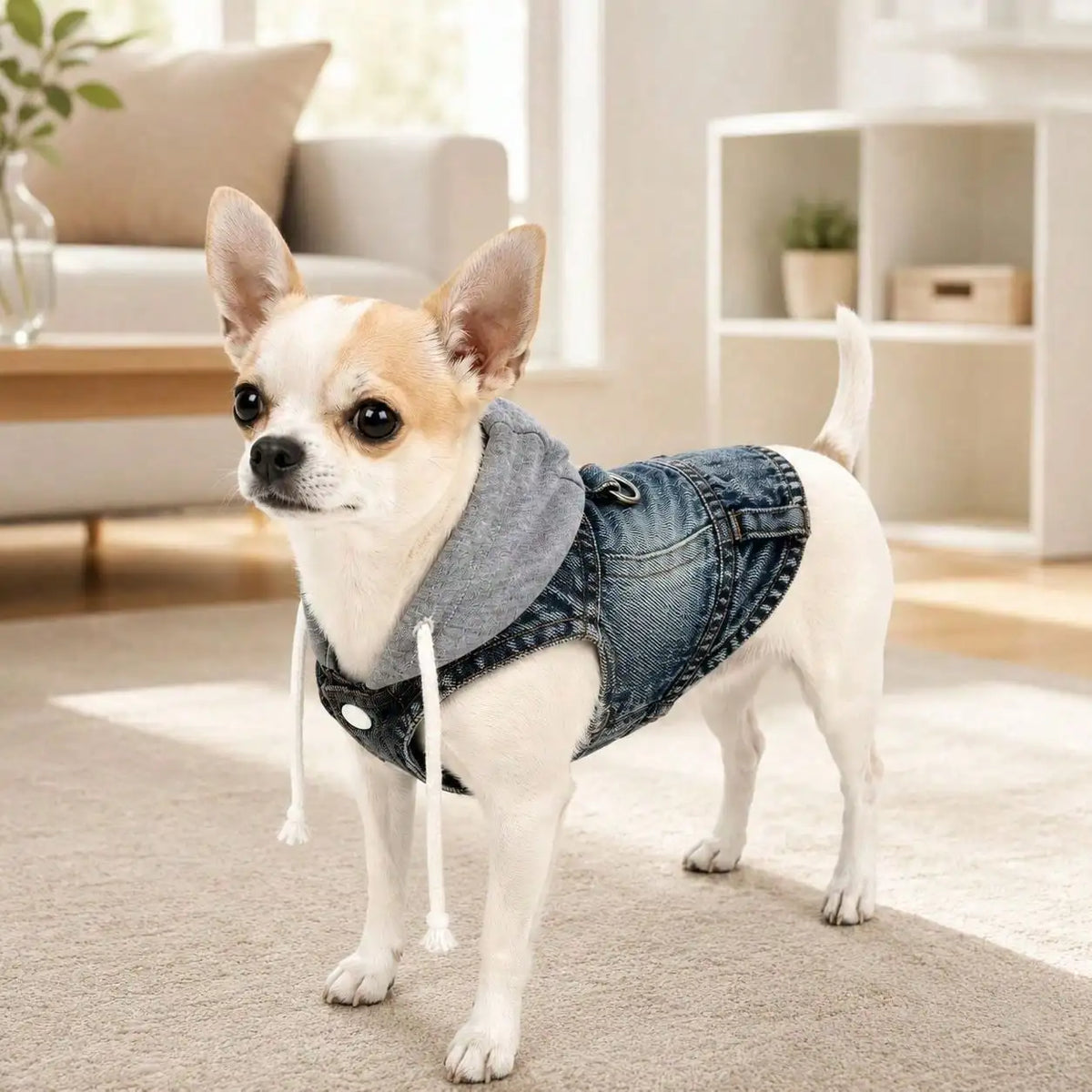 One Piece Denim Pet Hoodie With Drawstring For Pets