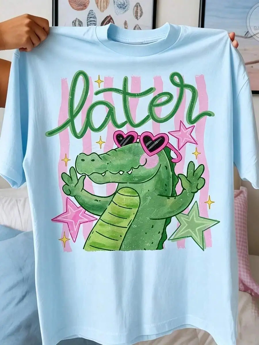 Women's Vintage Cotton Crocodile Print Graphic T-Shirt