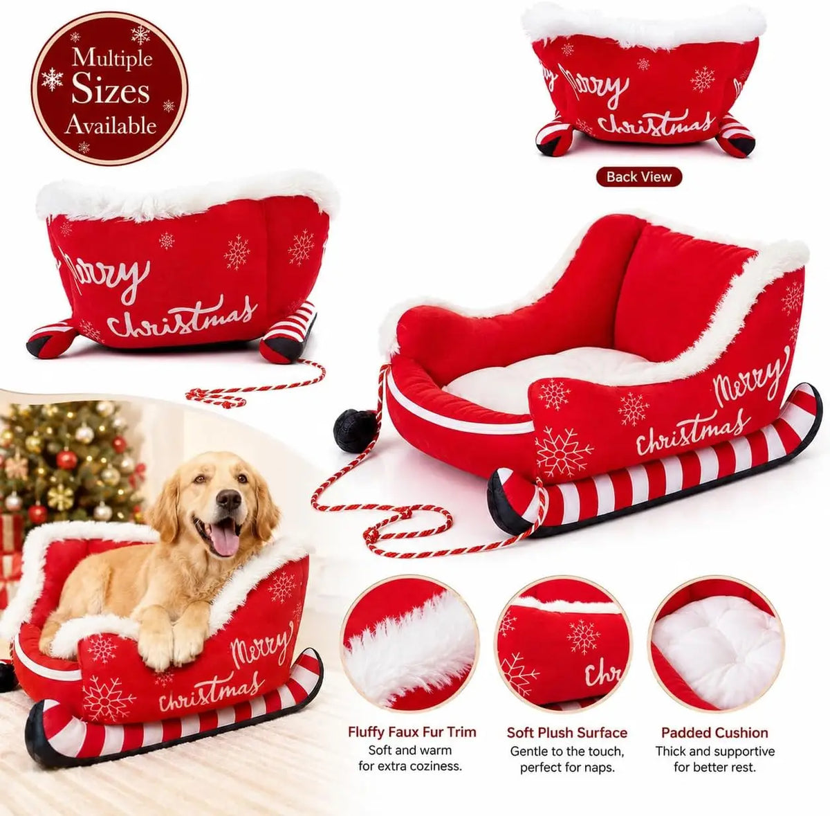 Festive Plush Christmas Dog Sleigh Bed With Raised Safety Sides