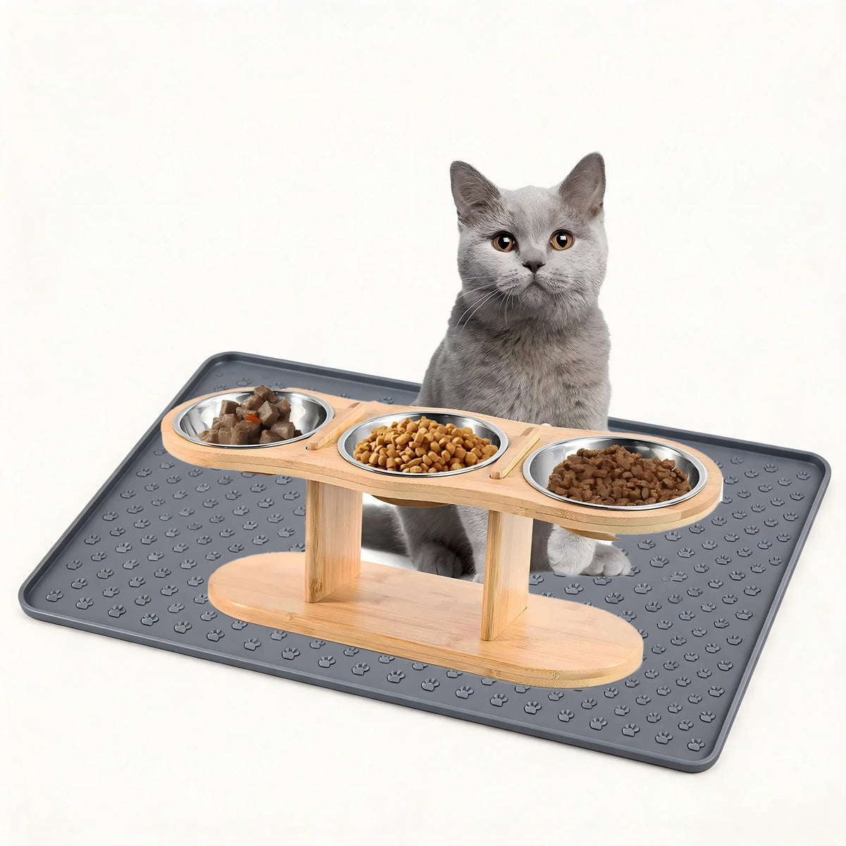 Elevated Wooden Cat Feeder With Three Stainless Steel Pet Bowls