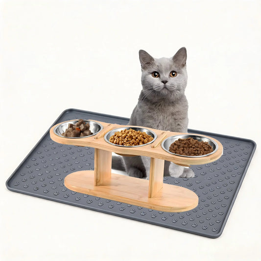 Elevated Wooden Cat Feeder With Three Stainless Steel Pet Bowls