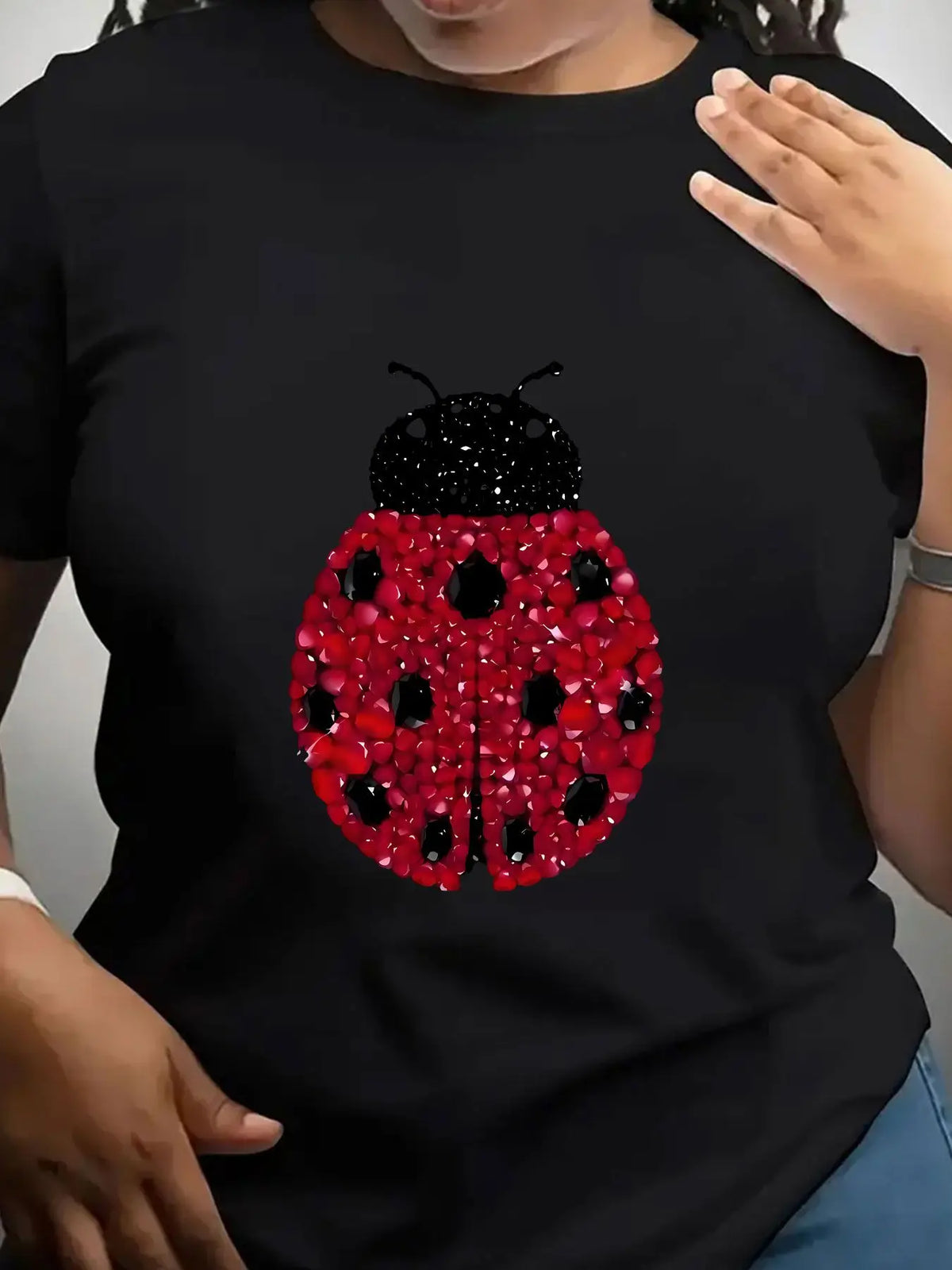 Women Cotton Crew Neck T Shirt Ladybug Rhinestone Print Top