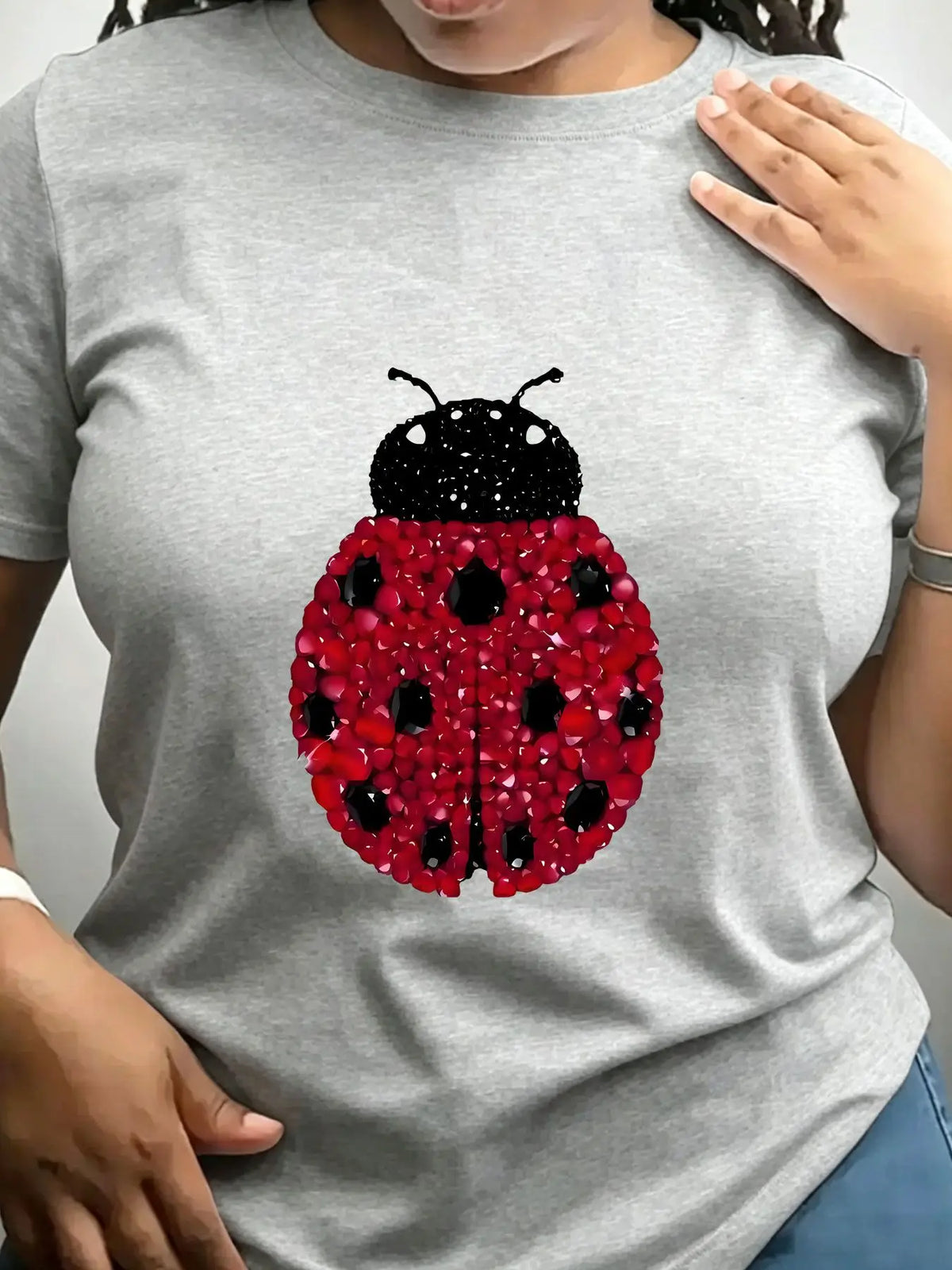 Women Cotton Crew Neck T Shirt Ladybug Rhinestone Print Top
