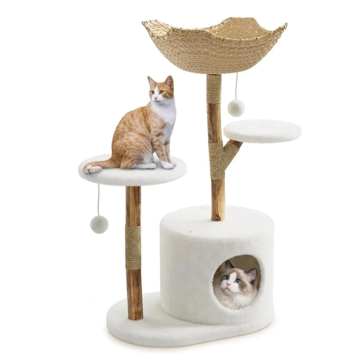 HiMISS Wooden Cat Tree With Woven Basket And Sisal Posts
