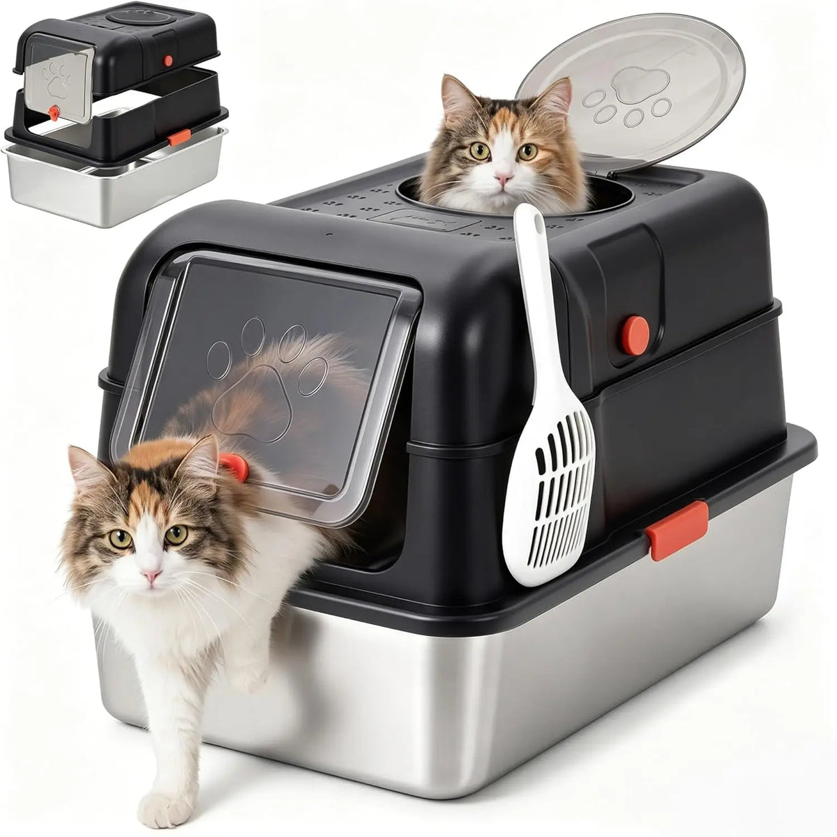 Studyset Stainless Steel Enclosed Cat Litter Box With Lid Scoop