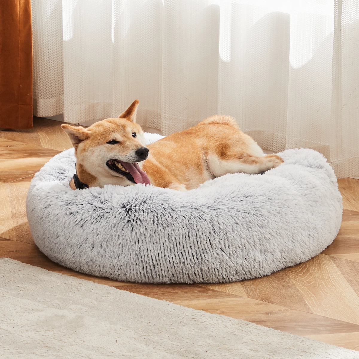 JHK Round Plush Faux Fur Calming Dog Bed Antiskid Bottom