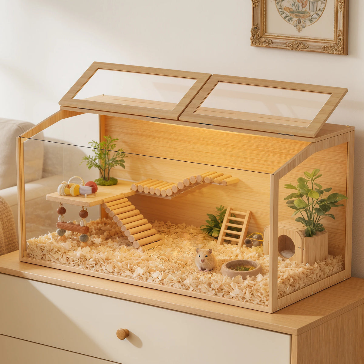 Sturdy Wooden Hamster Cage With Secure Glass Viewing Panels