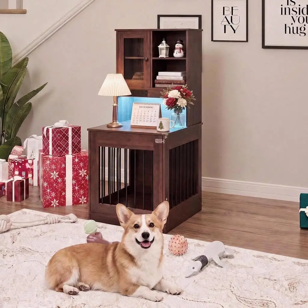 Compact Wooden Dog Crate Furniture With Side Table Design