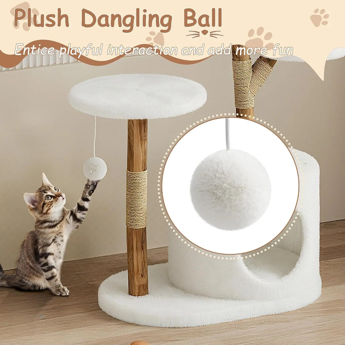 HiMISS Wooden Cat Tree With Woven Basket And Sisal Posts