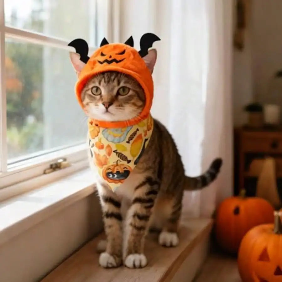 Four Piece Halloween Pet Costume With Pumpkin And Bat Designs