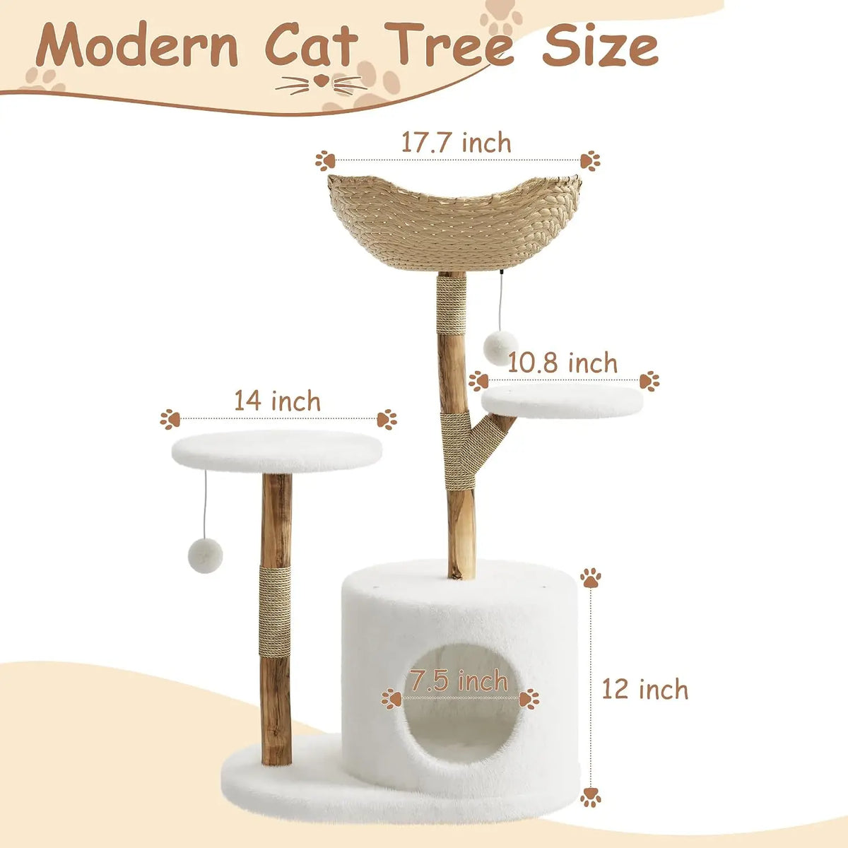 HiMISS Wooden Cat Tree With Woven Basket And Sisal Posts
