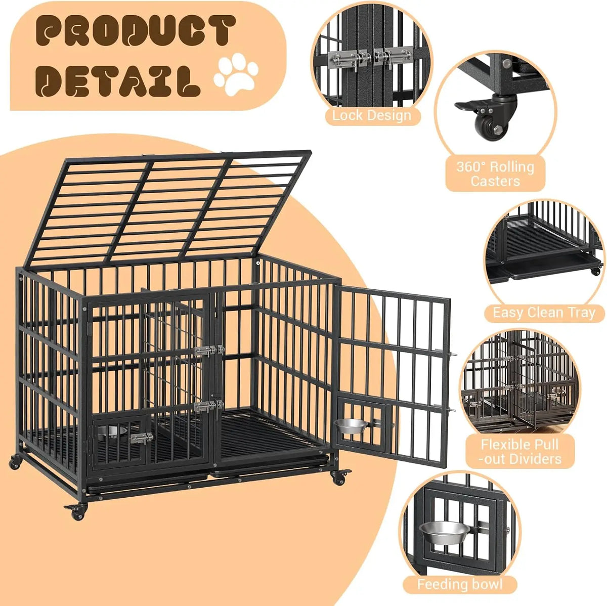 Garvee Heavy Duty Metal Dog Crate Featuring Double Doors And Wheels