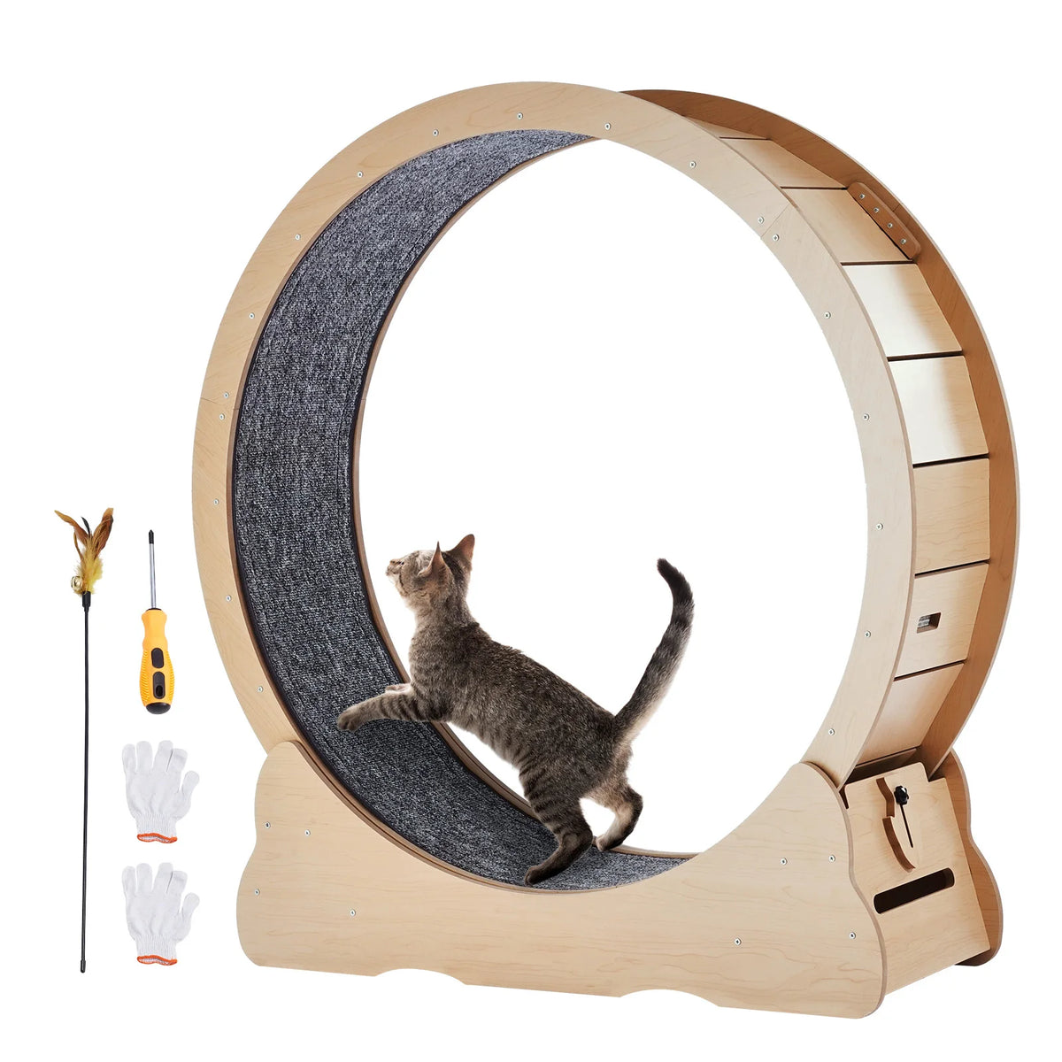 Wooden Cat Exercise Wheel With Carpet And Interactive Teaser