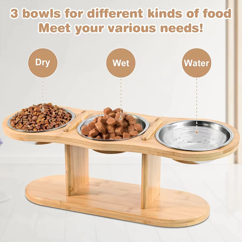 Elevated Wooden Cat Feeder With Three Stainless Steel Pet Bowls
