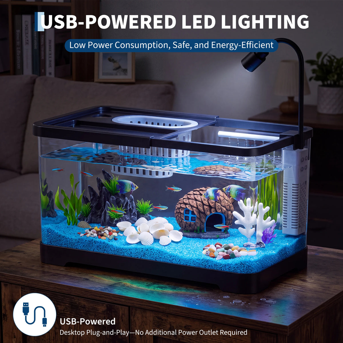 Compact Fish Tank Starter Kit With Led Light And Filter