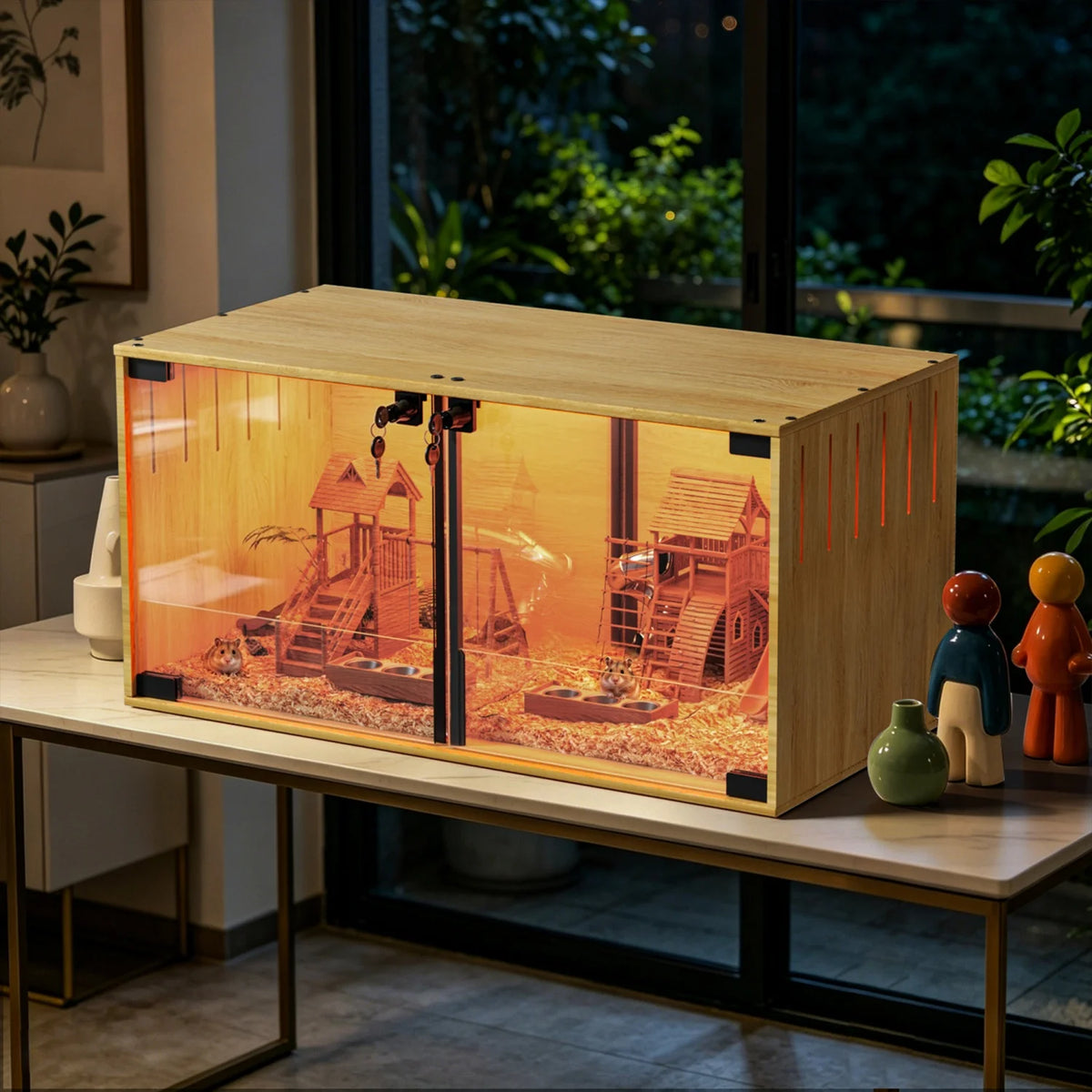 Wooden Pet Cage With Tempered Glass Panels And Divider